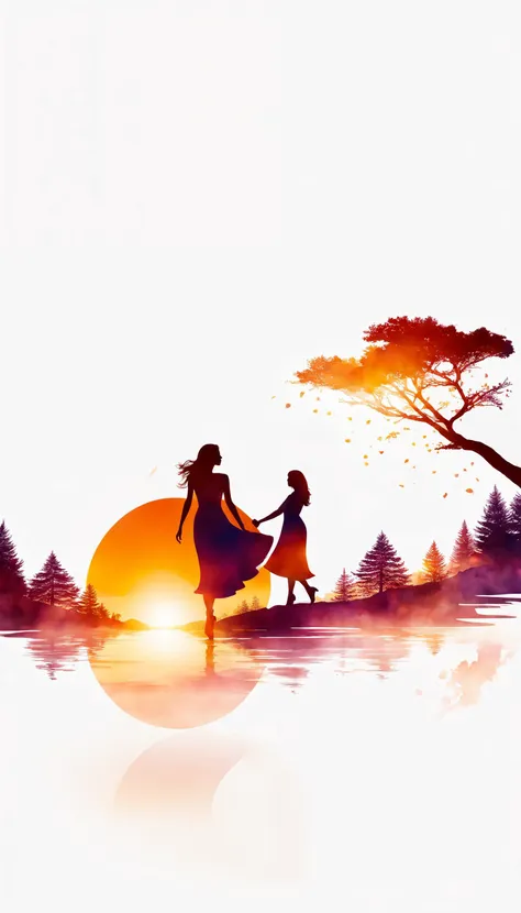 [(white background:1.3) : cinematic photo, (charming splendid young female character silhouette, wearing dress made of watercolor sketch of sunset printed on silk), slightly smiling and posing-dancing,, 4k resolution, detailed, focused . 35mm photograph, f...