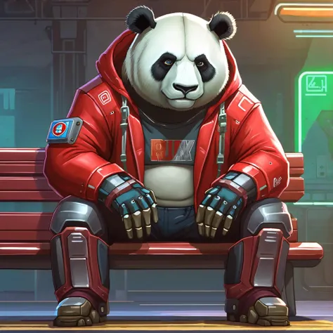 a cyborg anthropomorphic giant panda male furry is siting solo on bench with hand in pocket, He has fluffy animal head, mechanical arms and hands, mechanical legs and boots, He wears a short sleeves red hoodie with both proud and serious on his face, high ...