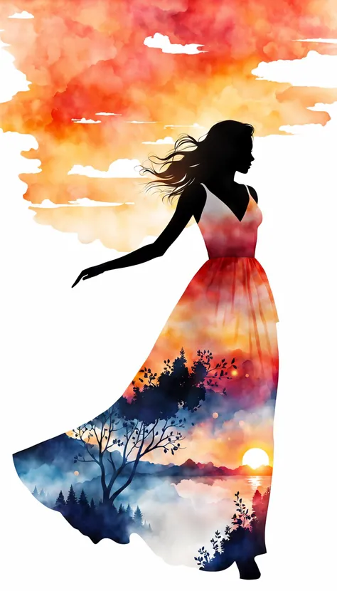 cinematic photo, (charming splendid young female character silhouette, wearing dress made of watercolor sketch of sunset printed on silk), slightly smiling and posing-dancing,, 4k resolution, detailed, focused, (((white background))) . 35mm photograph, fil...