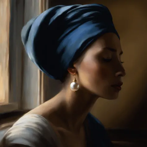 A young woman with a blue turban and a pearl earring. The woman is sitting in front of an open window. Sunlight enters through the window and illuminates the woman. The womans eyes are closed and she seems to be absorbed in thoughts of her. The background ...