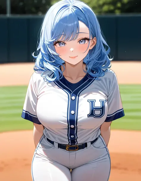 (masterpiece, best quality, ultra-detailed), (embedding:ziprealism:1), 1girl, (mature female:1.2), wearing baseball uniform, (baseball pants), curvy, puffy lips, luscious lips, seductive smile, solo, medium-length hair, skyblue hair, white eyes, curly hair...