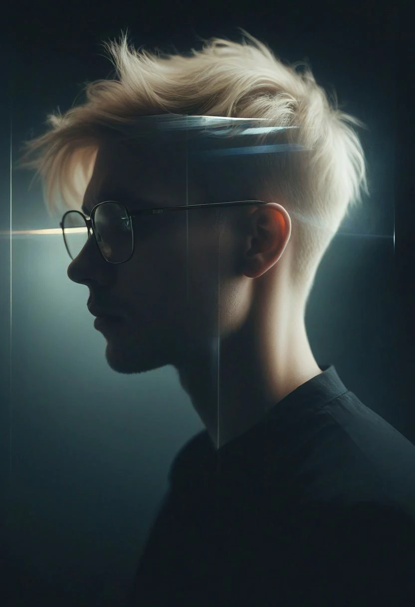 Young man, melancholic , looking slightly downwards, moody, dark, artsy, pop album cover shot, from the side, graphic design background, ethereal glow surrounds his head, mystic shine, double exposure on the mans head with the portrait of a young woman wit...