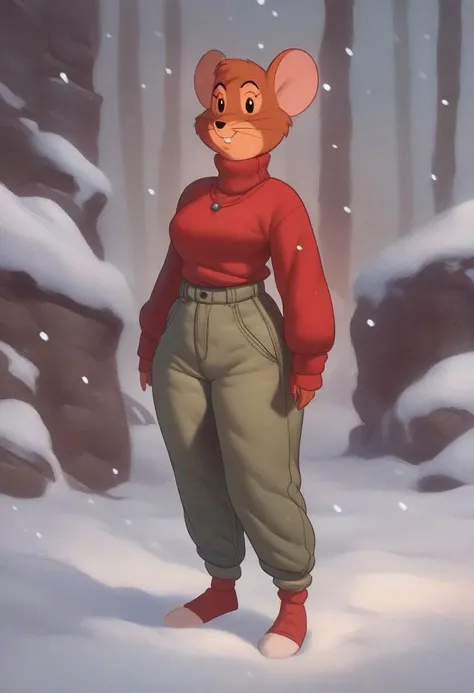 (solo), score_9, score_8_up, score_7_up, score_6_up, score_5_up, score_4_up, tcm_emily mouse, long sleeve red sweater, cargo pants, snowy meadow, full body, facing viewer, eyes, curvy