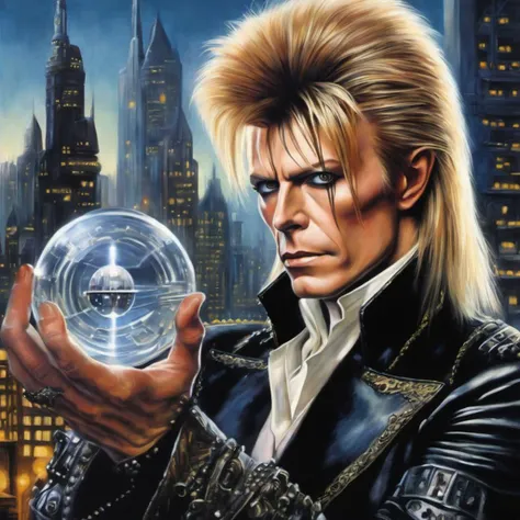 digital painting of jareth the goblin king, black leather suit, ((young)) david bowie, david bowie labyrinth 1986, handsome, blonde 80s hair, Labyrinth, ((holding glass orb)), ((cyberpunk city background)), ((cyberpunk)), frilly sleeves, jewelry, cyberneti...