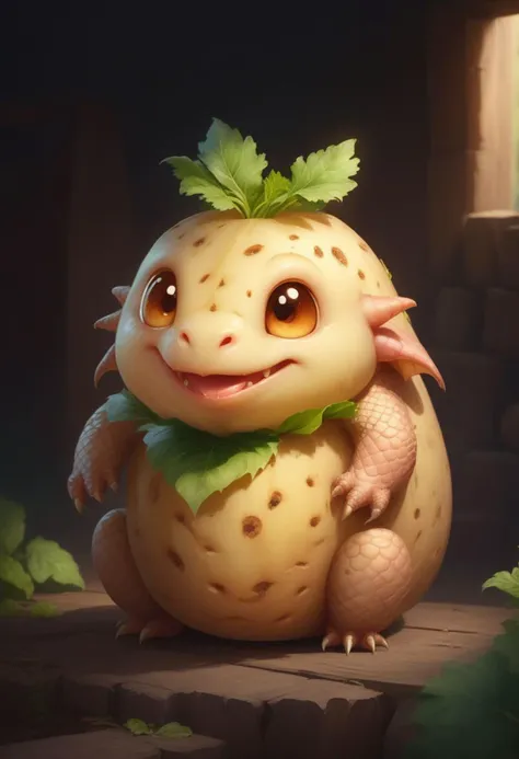 very cute appealing anthropomorphic dragon potato, kawaii, potato eyes, potatoe mouth, looking at the viewer, macro, cinematic lighting, fantasy art, dynamic composition, epic realistic, award winning illustration <lora:FoodPets:1> Foodpets
