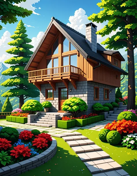 Wide angle voxel-style digital illustration, (Chalet-style wooden house in forest:1.3), Central perspective composition, Dark wood structure, Sloped roof with overlapping planks, (Grid-patterned large windows:1.2), Triangular roof, Gray chimney, (Gray bloc...