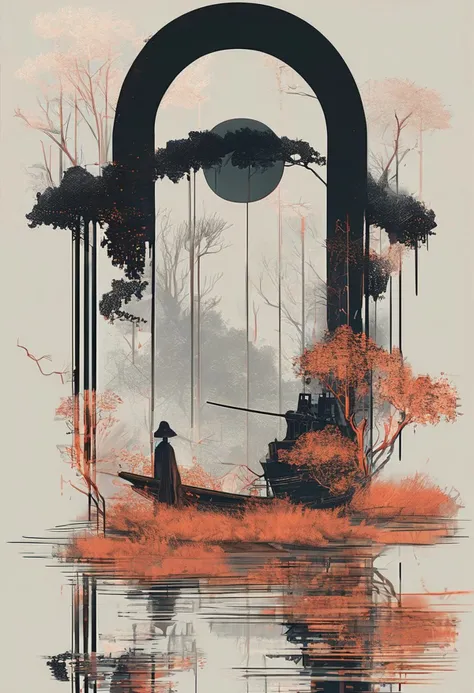 linquivera,  Ink illustration, (anime:0.5), brown tones, aged black red paper, inkpunk, moonlight,surreal, a ghost standing on a boat in swampy wetlands, (at a distance), Will-o-the-wisp, moonlit, lonely, solitude, windy, tall trees, willows, willowy,  Ove...