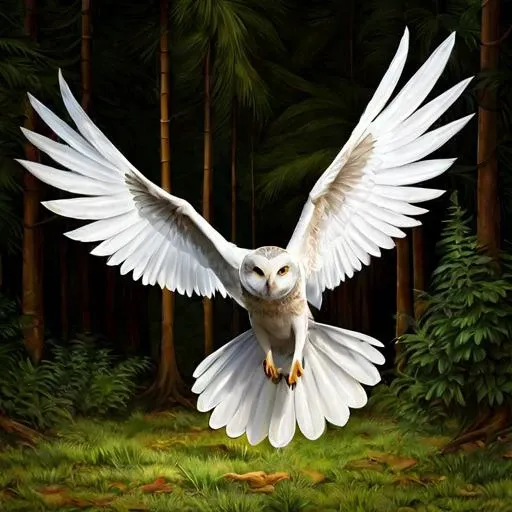 Hyperrealistic art owl open wings, (flying:1.3), freely, in a fantastic forest, vision frontal,  cinematic , intricate details, perfect features, dramatic, Cinematic lighting, accent lighting, SSAA, smooth rendering, No noise, movie still, pre-raphaelite, ...