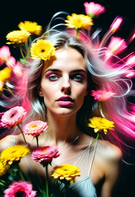 a young handsome woman with flowers, Motion blur effect, film shot with long exposure 2 ::1 , neon pink and yellow, with shiny silver highlights