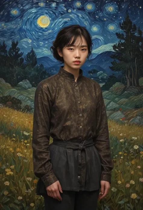 Explicit_rating, score_9, score_8_up, score_7_up, score_7, score_6_up, an oil painting of fantasy (Tribadism), silhouette on Radiant meadow, style of van gogh, starry night vibes, expressionism, FredFraiStyle Short, korean, dark tan skin, dark brown eyes, ...