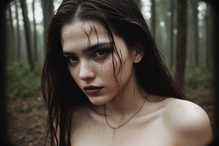 RAW photo of a stunning nude woman, small breasts, perfect nipples, hyper-detailed, (disturbing:1.1), (majestic:1.2), (fascinating:1.2), long brown (wet hair), (forrest in background), detailed background, expressions evoking a sense of vogue and fashion m...