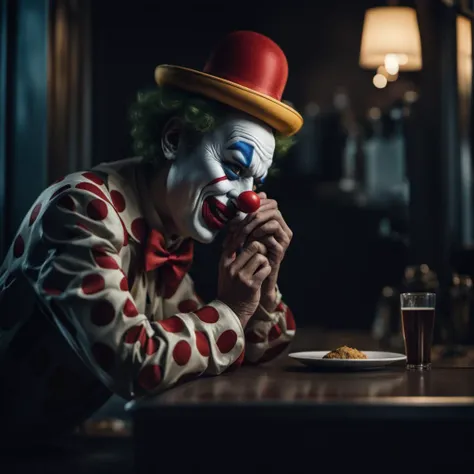 A sad clown looking at a photo of a happy face, dark tones, diner background, sadness, sorrow,, Detailed, Intricate, High Quality, 4K