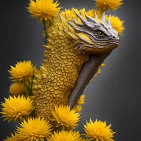 best quality, organic photorealistic, ultra high res,  one dragon head  with  intricate eyes details, on the yellow flowers