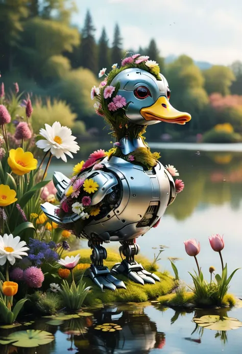 there is a metal duck statue with flowers on it's head