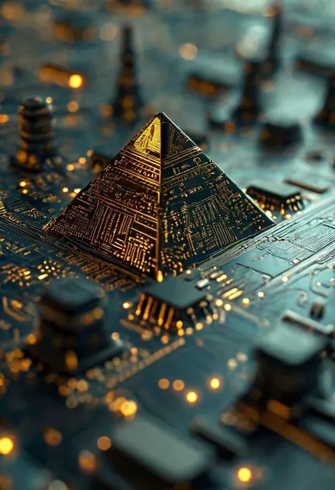 a close up of a computer chip with a pyramid on top