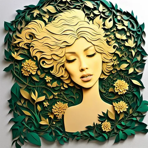 3D papercut shadow box of Craft a mesmerizing image of an elegant woodland nymph with perfect face. Imagine her standing in a hidden clearing, encircled by vivid blossoms and verdant greenery. Her resplendent golden hair sways with the delicate breeze, whi...