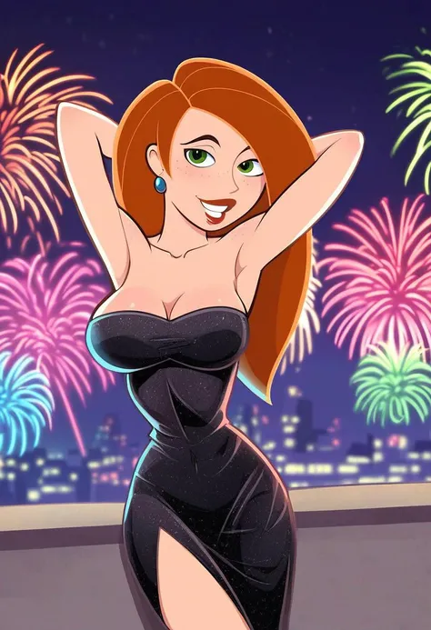 score_9, score_8_up, score_7_up, BREAK
1girl, big hair, colored skin, green eyes, lips, long hair, orange hair, black dress, night dress, red earrings, red bracelets, red lipstick, cleavage, medium breasts, bare shoulders, collarbone, high slit on the dres...