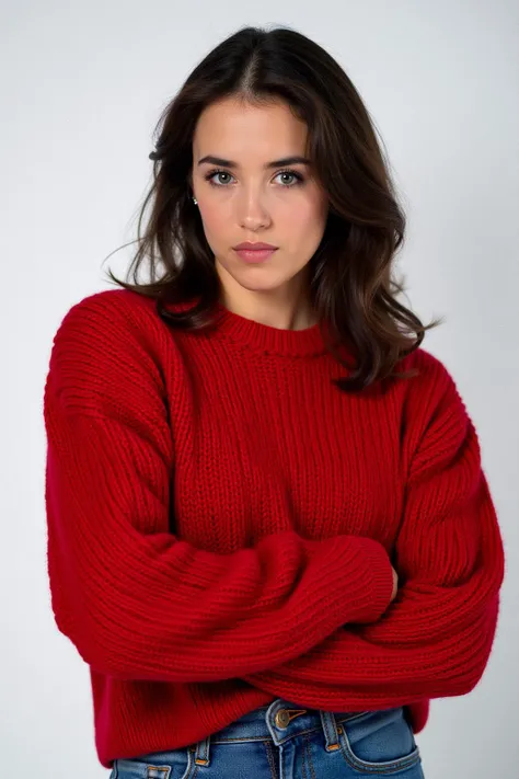 

portrait of a beautiful woman,

in a red sweater and a jeans,








































