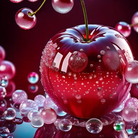 a close up of a red apple covered in bubbles, cherry explosion, there is one cherry, macro art, super macro, dew, cherry, professional fruit photography, extremely detailed photography, beautiful macro close-up imagery, hd macro photographs, macro photogra...