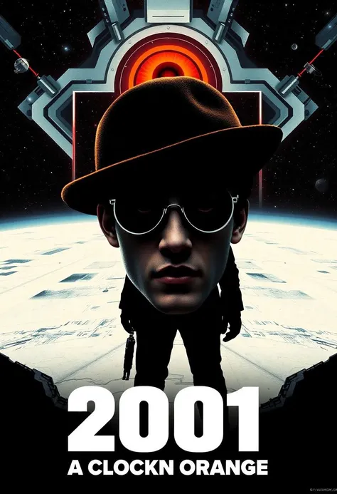 “Design a movie poster that merges the dystopian, rebellious aesthetic of A Clockwork Orange with the futuristic, cosmic grandeur of 2001: A Space Odyssey. The poster should feature bold, contrasting imagery: Alex, the main character of A Clockwork Orange,...