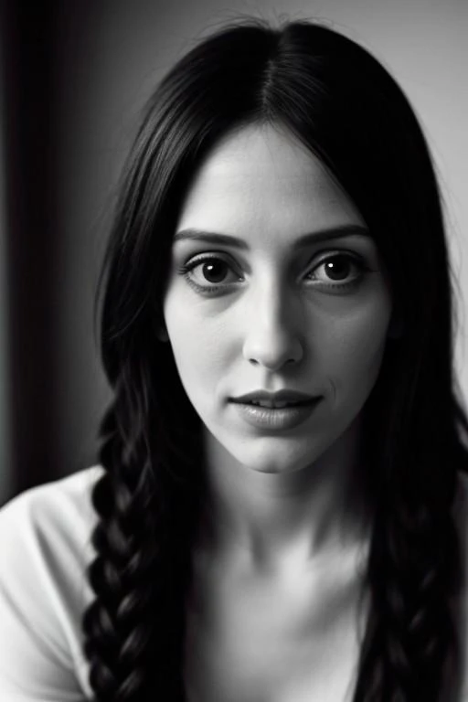 ((pitch black room)), ((greyscale)), masterpiece, 8k, photorealistic, perfect face, high detailed skin, closed mouth, beautiful woman, small natural propotions, (((pitch black very long thick braided hair))),(((very inspired by Shelley Duvall from the movi...