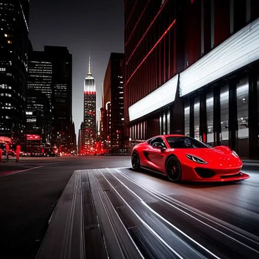 a red sport car with 2 black lines on its body going fast in the neonic newyork space streets at the night and 2 cops are following. wide shot