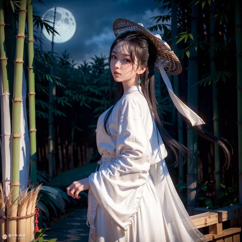 1girl, white_veil_hat, masterpiece, 8k, best quality, photorealistic,black_hair, long_hair, long_sleeves, looking_at_viewer, solo, white_shirt, (big breasts:0.7),silver earrings,closed mouth,hanfu, 
(moon), (((bamboo forest))),wooden bridge,pool,close-up,s...