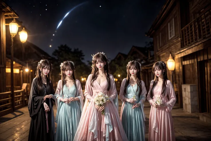 ((cloudy,cinematic lighting,bokeh )),
((multiple girls)),peach blossom,flowers,flower crown,
, 
((sunset and night,star_trail),moon,meteor) BREAK ((cloudy,cinematic lighting,bokeh )),
((multiple girls)),peach blossom,flowers,flower crown,
, 
fireworks,wate...