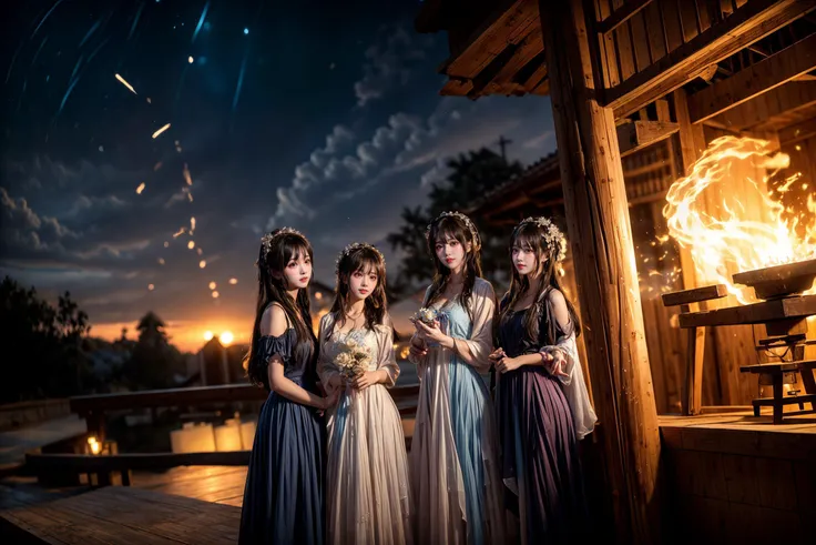 ((cloudy,cinematic lighting,bokeh )),
((multiple girls)),peach blossom,flowers,flower crown,
, 
((sunset and night,star_trail),m...