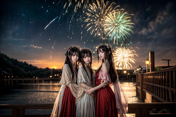 ((cloudy,cinematic lighting,bokeh )),
((multiple girls)),peach blossom,flowers,flower crown,
, 
((sunset and night,star_trail),m...