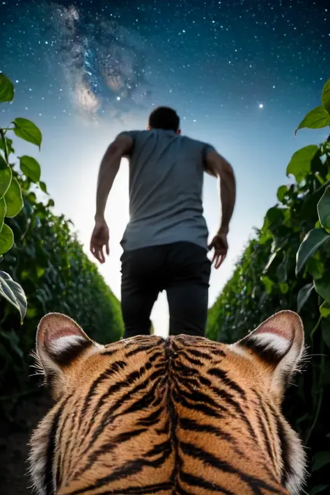 there is a man standing in a field with a tiger