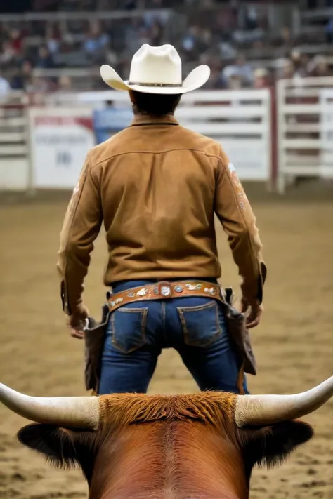 cowboy standing on a bull in a rodeo arena with a crowd watching