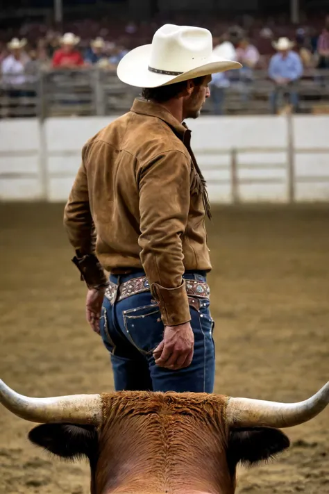 there is a man standing next to a bull in a rodeo