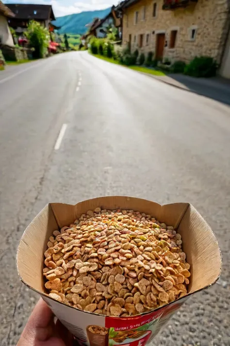 <lora:HeadPOV_from_behind_vk1-000018:0.85> shot in the point of view from the back of a cereal box on the street of a sunny village on Switzerland, natural lighting, 4k, high quality, Fujifilm XT3