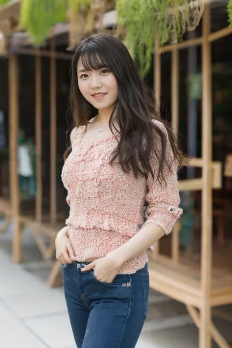 a woman in jeans and a pink sweater standing on a sidewalk