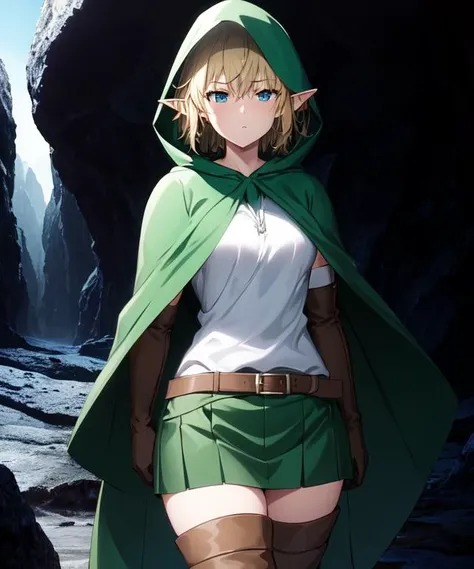 ryu, 1girl, elf, short hair, thigh boots, elbow gloves, green cape, white shirt, hooded cloak, cowboy shot, dark, cave background, aesthetic, masterpiece, perfect anatomy, atmospheric, majestic, highres, superb, extremely detailed, intricate, realistic lig...