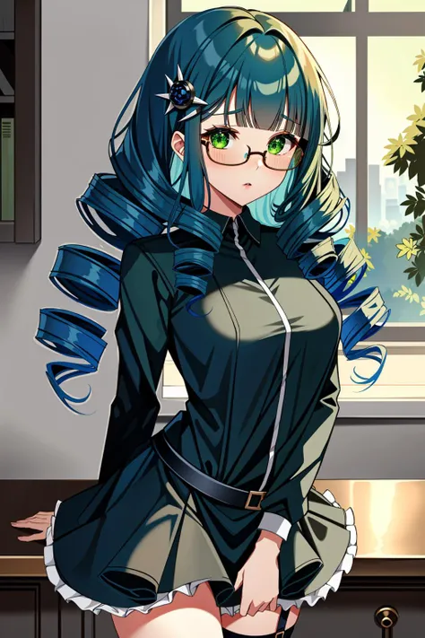 ((masterpiece, best quality, high quality)),1girl,  <lora:Natalie Griffin:0.7> (natalie griffin, oc ch8, 1girl, long hair, hair ornament, green eyes, glasses, blunt bangs, drill hair, twin drills, drill_curls, drill locks, mature_female, hairclip, dark blu...