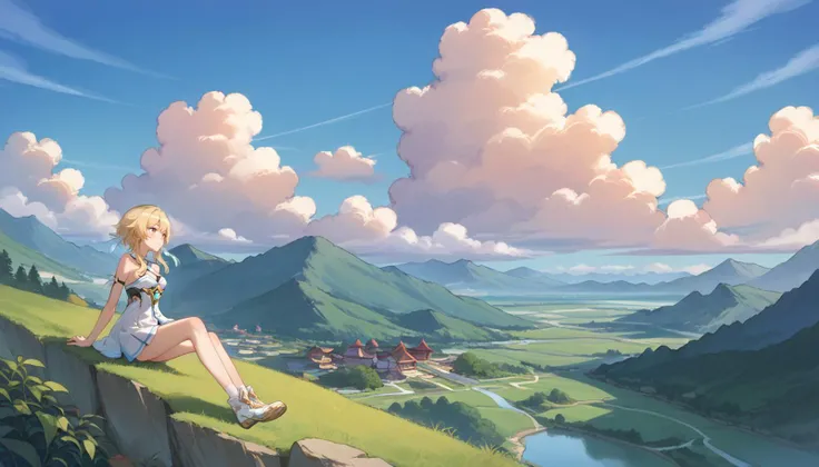 1girl, solo,
lumine (genshin impact).
 outdoor, landscape,
beautiful clouds, cloud formation, mountains, hills, rivers, rule of third, golden ratio proportion, score_9, score_8_up, score_7_up, source_anime  BREAK