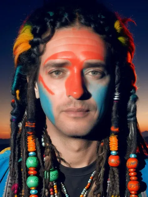 photo of man (cer4ti:1), face centered, hippie at burning man, covered in mud, long hair with ((colorful beads and dreads)), rainbow face paint, paint fading,  dirty face, finely detailed eyes, award winning photography, sunset time, bright, high detail, 8...