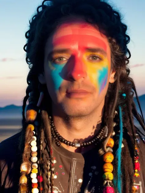 photo of man (cer4ti:1), face centered, hippie at burning man, covered in mud, long hair with ((colorful beads and dreads)), rainbow face paint, paint fading,  dirty face, finely detailed eyes, award winning photography, sunset time, bright, high detail, 8...