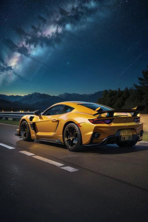 a yellow sports car driving on a road at night