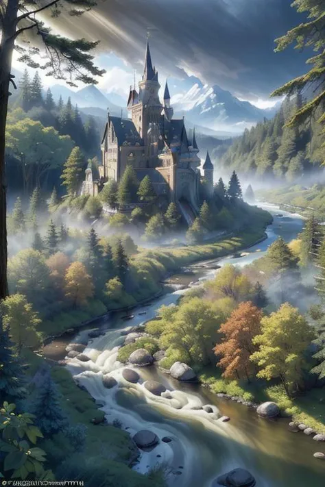 a painting of a castle in the middle of a forest