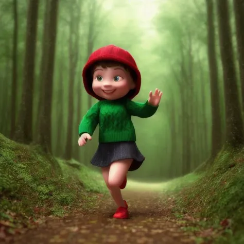 cinematic film still   3d cartoon for a smiling 1girl,sweater red , rain background, running ,green forest . shallow depth of field, vignette, highly detailed, high budget, bokeh, cinemascope, moody, epic, gorgeous, film grain, grainy