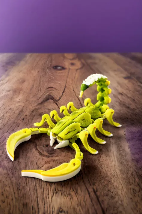 (Realistic:1.5) EdobScorpion, one eye closed, still life, banana, wheel, purple eyes, two-tone background, blue hair, bread, out of frame, kaijuu, shorts,  <lora:EdobScorpionArtistic_v1.0:0.8>