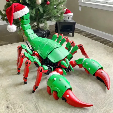 massive EdobScorpion battle mech ai overlord in greenteam colors and a santa hat <lora:EdobScorpionArtistic_XL_v1.0:1>