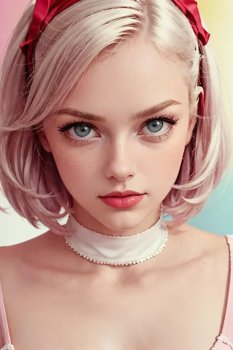 a close up of a woman with a pink dress and a red bow