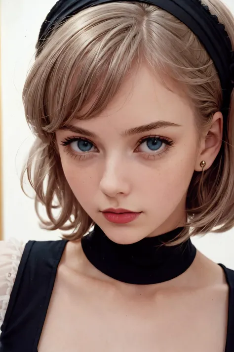 a close up of a woman with a black headband and a choker