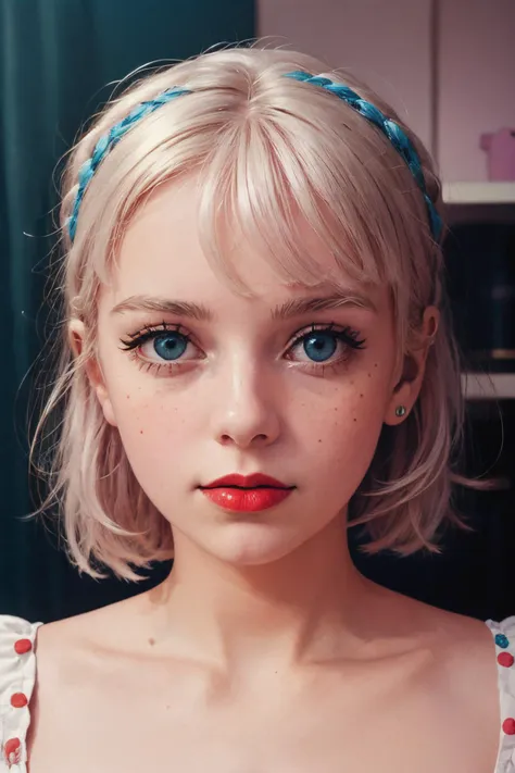 a close up of a woman with a blue headband on