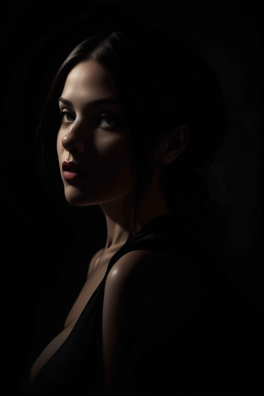 a woman in a black dress looking off into the distance