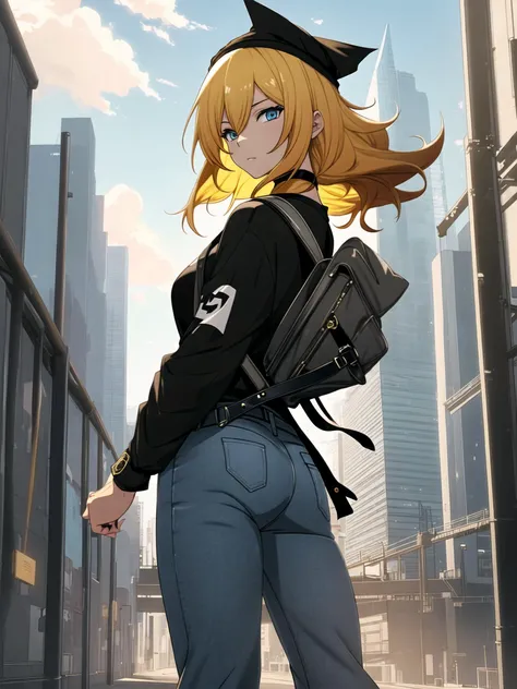 a hot chick, yellow hair, blue eyes, black t-shirt, jeans, backpack, (black bandana:1.1), on the edge of a skyscraper, clouds